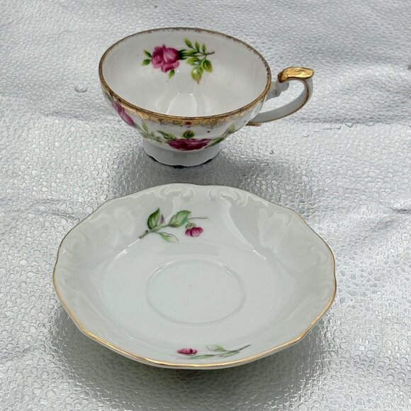 VTG Bone China Teacup‎ Saucer Set Gold Trim Pink Rose Romantic Floral High Tea - Picture 4 of 13